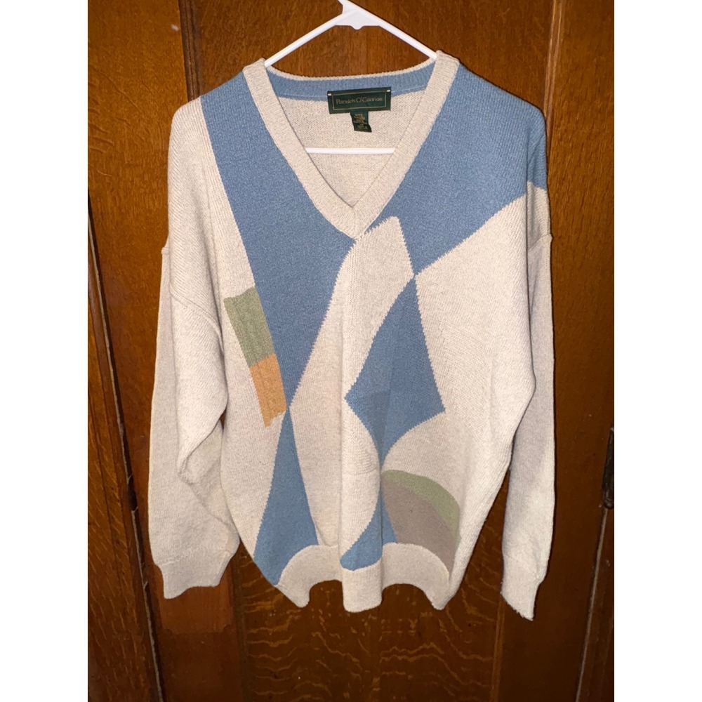 Patrick O'Connor Mens V-Neck Linen Cotton Geometric Knit Sweater Ireland Cream M